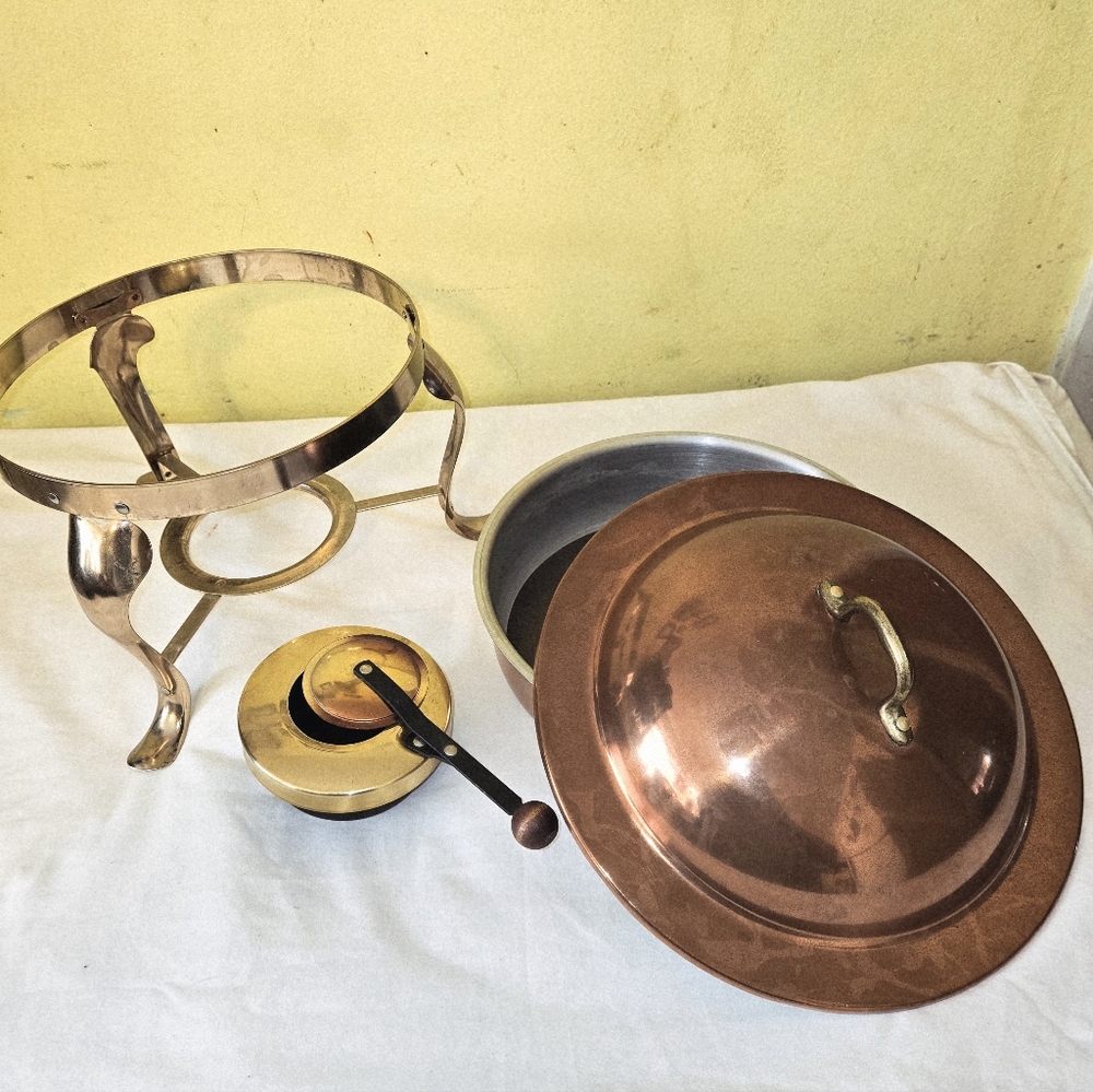 Chafing Dish/Food Warmer, Pan with Lid, Sterno Fuel Pot -- Copper & Brass